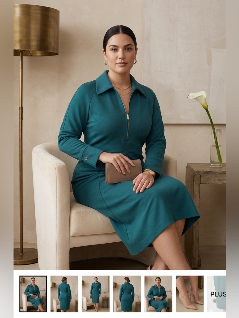 Halston Teal Green Collared Zip-Neck Long Sleeve Star-Seamed Scuba Sheath Dress